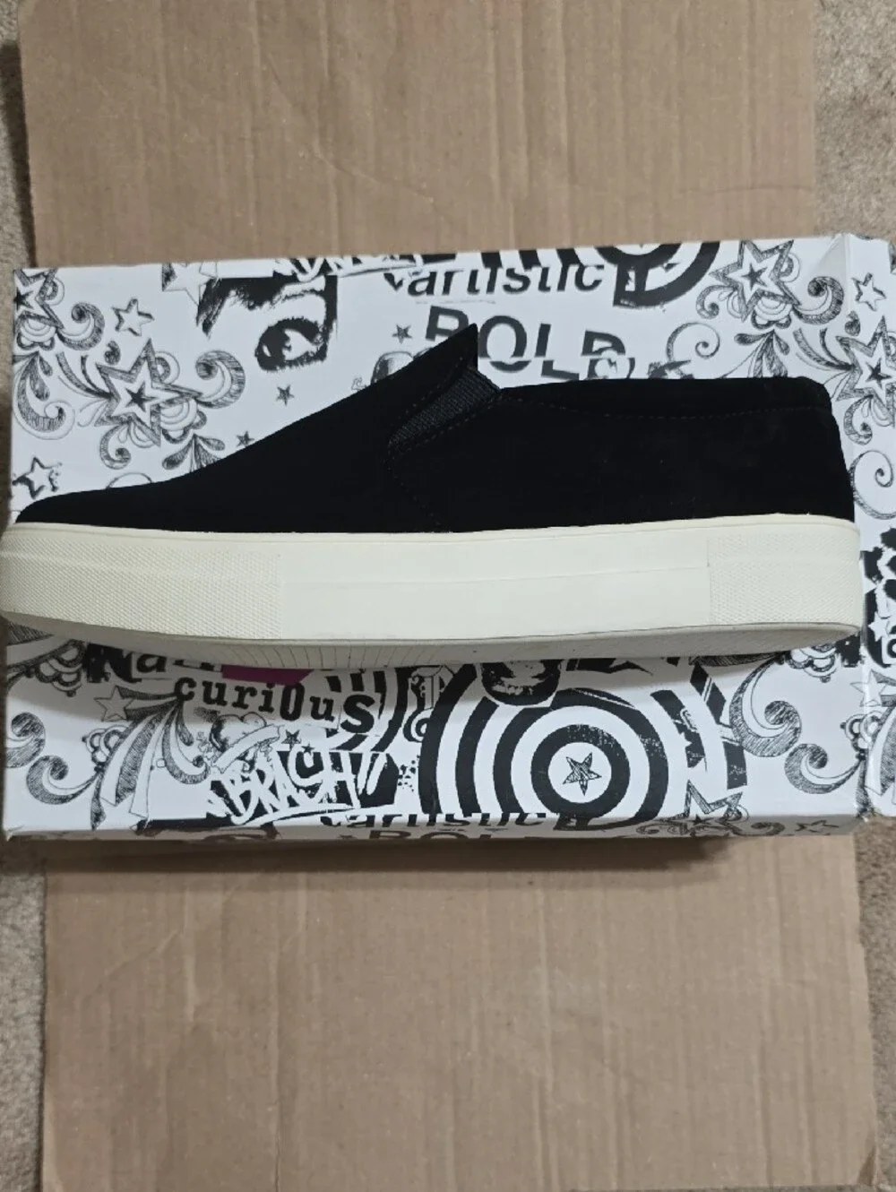 NWT Womens Brash Black Slip-On Sneakers with White Soles Size 11